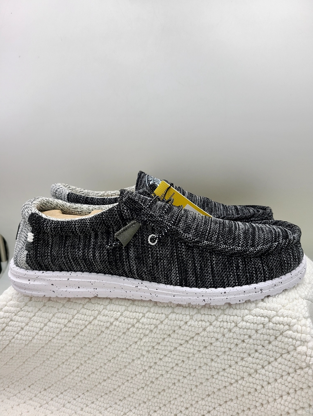 Hey Dude Black and White Knit Slip-On with Speckled Sole